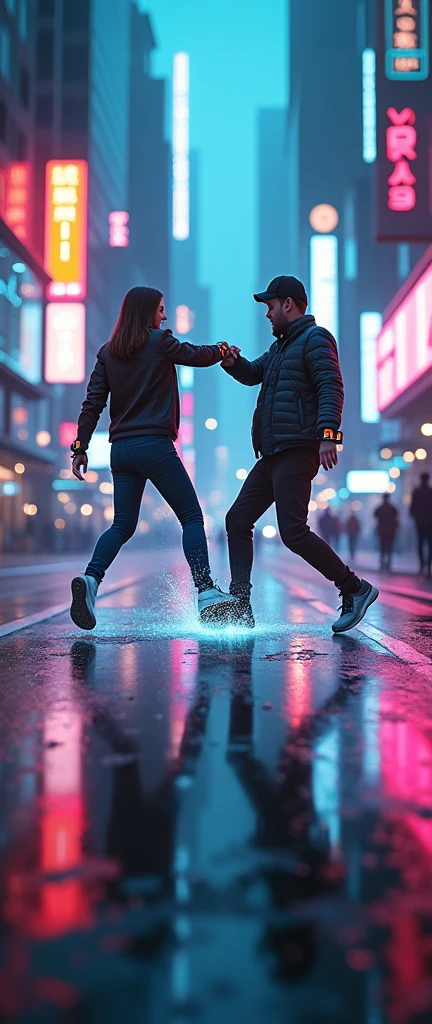 A futuristic city street, two people colliding, glowing wrist devices, magical aura, highly detailed, photorealistic, 8K, dynamic action scene, neon lights, advanced technology, cyberpunk aesthetic, dramatic lighting, depth of field, vibrant colors, intricate details, stunning visual effects