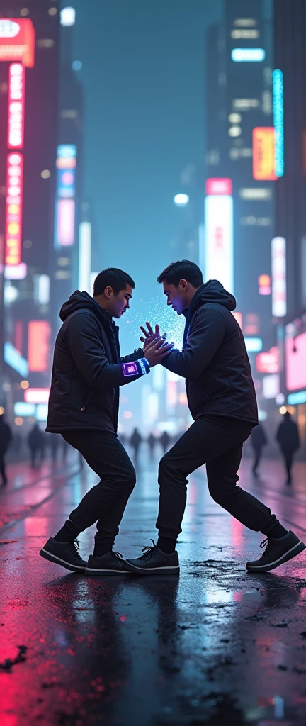 A futuristic city street, two people colliding, glowing wrist devices, magical aura, highly detailed, photorealistic, 8K, dynamic action scene, neon lights, advanced technology, cyberpunk aesthetic, dramatic lighting, depth of field, vibrant colors, intricate details, stunning visual effects