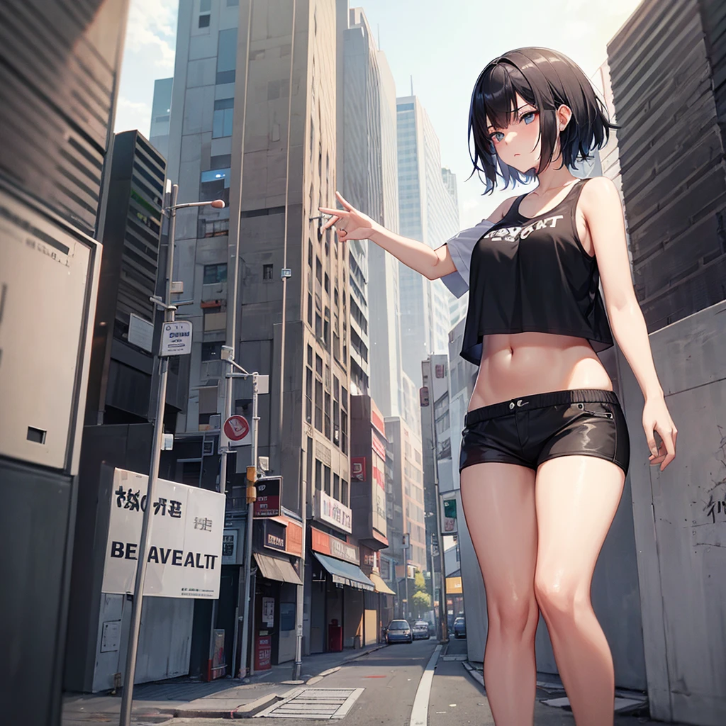 A Giant girl with black short hair with sick expression suffer from stomach ache after eating expired date food from the little city