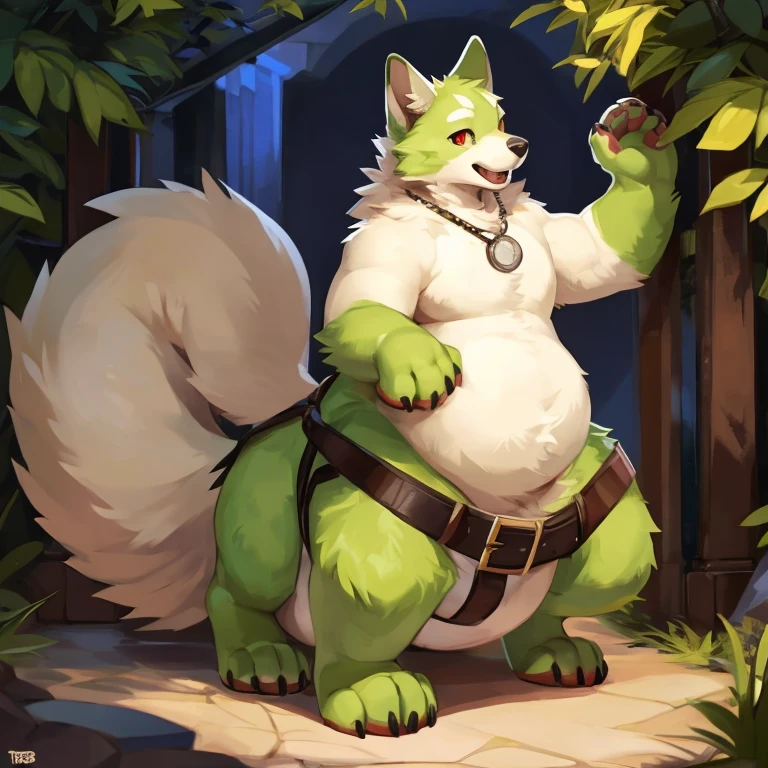 4k ultra quality, 4k full body view,ultra high detailed body,foxtaur, detailed body, (ultra detailed belly), cream belly fur,big belly, ((round taur belly)), enormous taur belly, enormous taur body, bulge,by mystikfox61, by glitter trap boy, by bebebebebe,by morethreedee, by seibear,(thick thigh),(chubby thigh),thicc thigh,thick legs,chubby legs,thicc legs,massive butt,enomorous thigh,massive thigh,massive legs,(detailed thigh),(wide thigh),thick butt,fluffy belly,furry belly,sharp nails,bare paws,((sfw)),(ultra detailed face),big eyes,detailed eyes,cute face,red eyes,(lime fur),mouth open,big tail,fluffy tail,(detailed tail),enomorous tail,front view,bigger tail,huge tail,ultra big bulge,immobile taur,enomorous thigh,fluffy paws,thick paws,chubby paws,huge paws,big paws,bare aws,weeb belts,plant necklace,weeb belts,multiple belts,bulgle