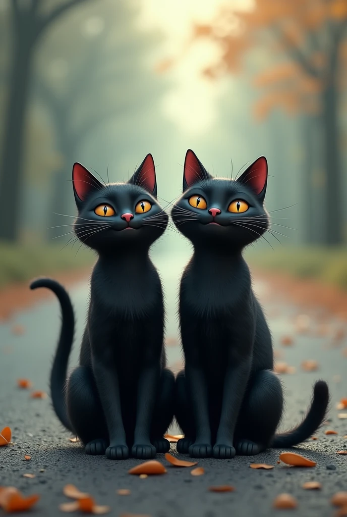 Two black cats laughing and standing on the road behind