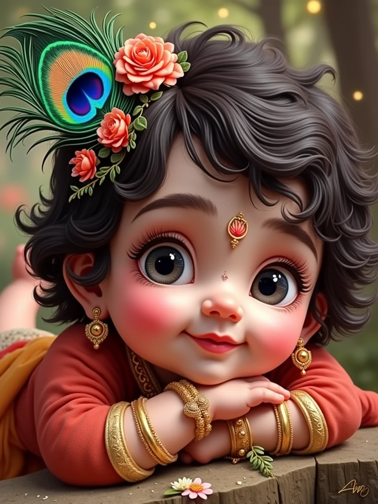 Generate images of cute Krishna as a child , feather of peacock tucked to the head