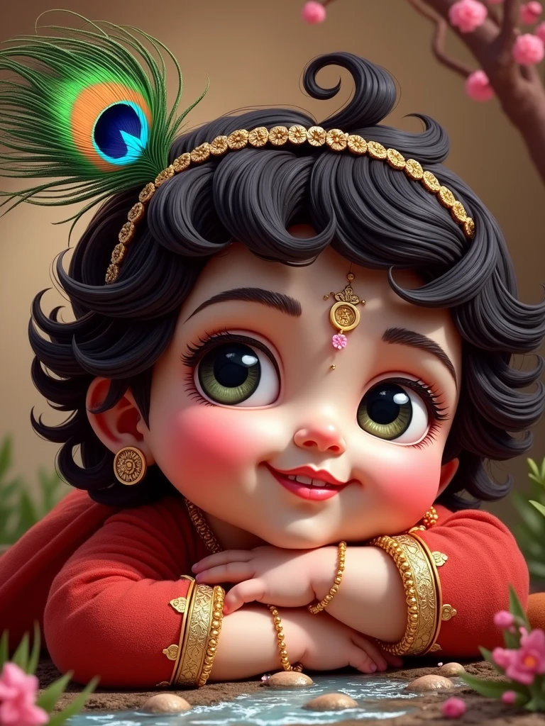 Generate images of cute Krishna as a child , feather of peacock tucked to the head