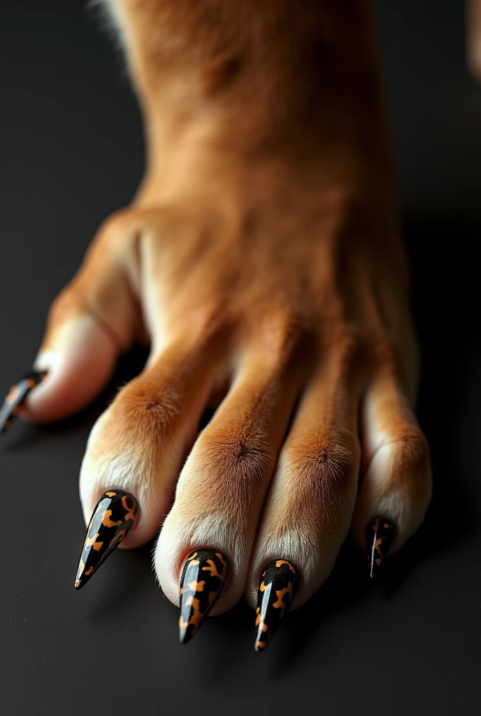 only paw of a Elegant lioness without mane paw with nails painted in Jaguar skin next to a sophisticated drink ultrarealistic