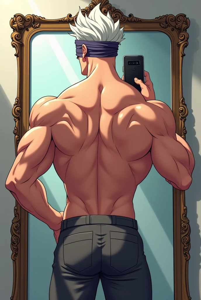 Anime dude with blindfold and white hair taking a selfie of himself in a mirror showing off his giany butt. Also make him ripped and a man
