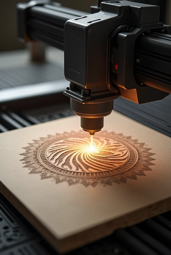 A DIODE LASER ENGRAVING MACHINE ENGRAVING A PIECE OF MDF