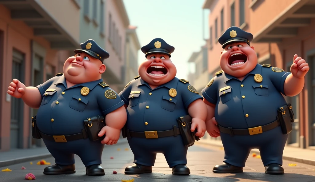 Im Stil von Pixar 3D-Animation filmen (Caricature). Three obese police officers are suddenly wide awake.
