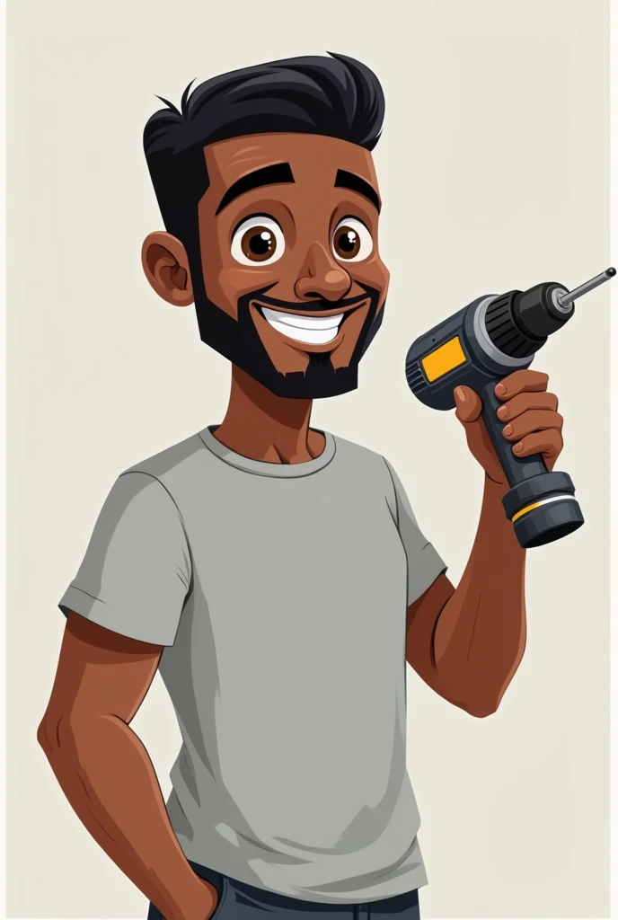 Square head man with full face black man with goatee neat black hair smiling in light grey t-shirt with bricklayer's drill in raised hand in cartoon