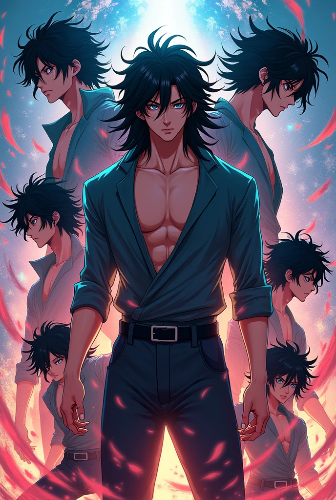 Generate the design of a male anime character with wavy black hair in different poses