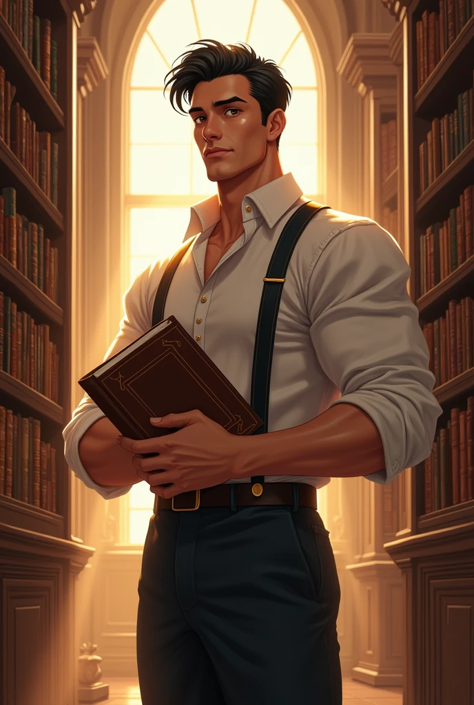 A tall man with a fit, athletic build with strong uper torso and fit lower body and fair skin that has a subtle, pinkish glow stands confidently. His clean-shaven with no mustache, beard on the face is defined by a sharp jawline, and his calm, honey-brown eyes exude a sense of lightness. His black hair, styled in a princely cut, features bangs that gracefully drape across his forehead.

He is dressed in a gentleman attire, with a loose-fitting shirt and suspenders, adding a touch of elegance to his appearance. In his hands, he holds several books. The setting around him is a beautiful, historical library, where sunlight streams through large windows, casting a warm glow over the rows of ancient tomes and rich wooden shelves.