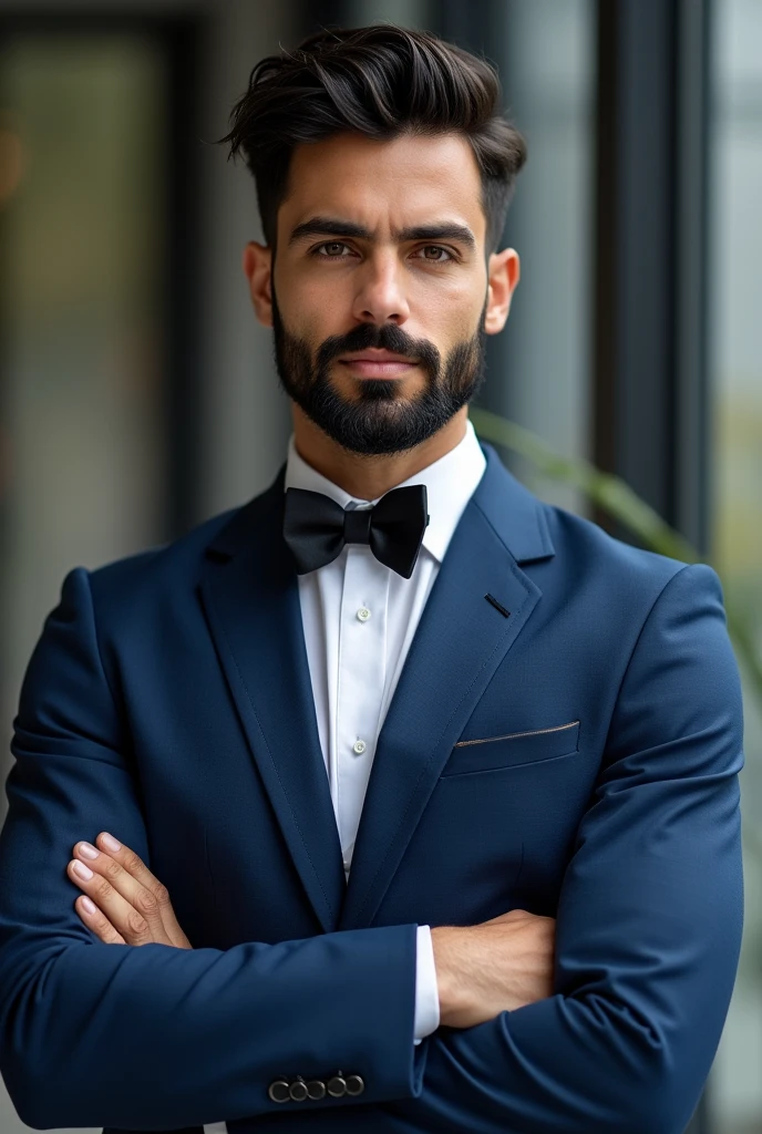 A young man with a black beard,wearing blue suit,black tine dots on the suit,