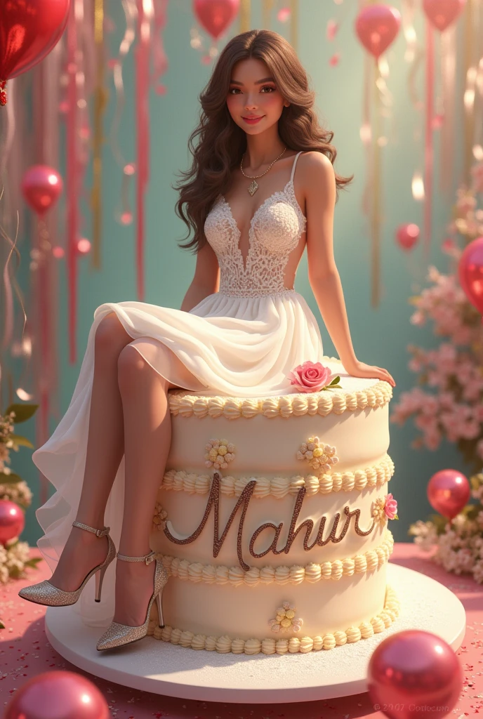 sitting cute girl on front of a cake. The character must wear casual moder clothing such as wedding dress and  heels. The background of the image is a party theme. Write 'MAHUR' on the birthday cake. Make sure the text is not misspelled. 