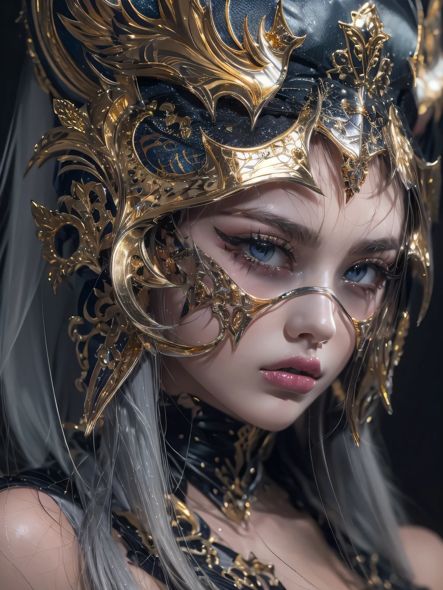 masterpiece, Raw photo，photorealism，High resolution，highest quality，High resolution, perfect composition, perfect face, perfect body, 16k，cinematic lighting，
Fantasy warrior queen, silver hair，hip，latex，black，attractive，Castle Background、costume showing collarbone、close up of face、gold and black metal, badass, sexy, teasing the viewer, venetian face mask