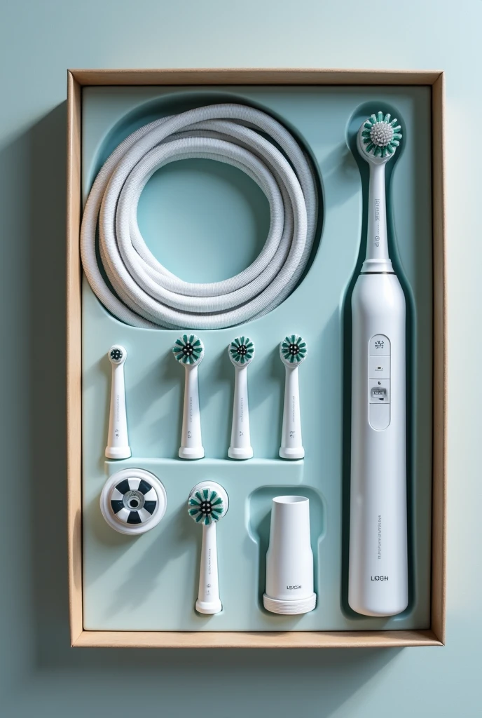 A box that contains one toothbrush made of plastic and a hose made of latex.
The hose is designed to be connected to a faucet.
The toothbrush and the hose are separate parts in the box.
They packed separately in the box.
the box is big and the hose is odontologic
the box have differents parts of the toothbrush inside, they're detachable
the toothbrush is like an electric one
ALL OF THE ITEMS ARE INSIDE THE BOX
the box has just the toothbrus and the hose