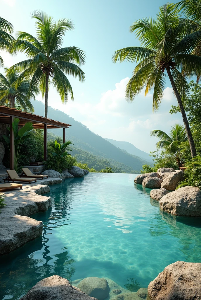 Pool, realistic , aesthetic pool area, resort, natural, aesthetic vibe