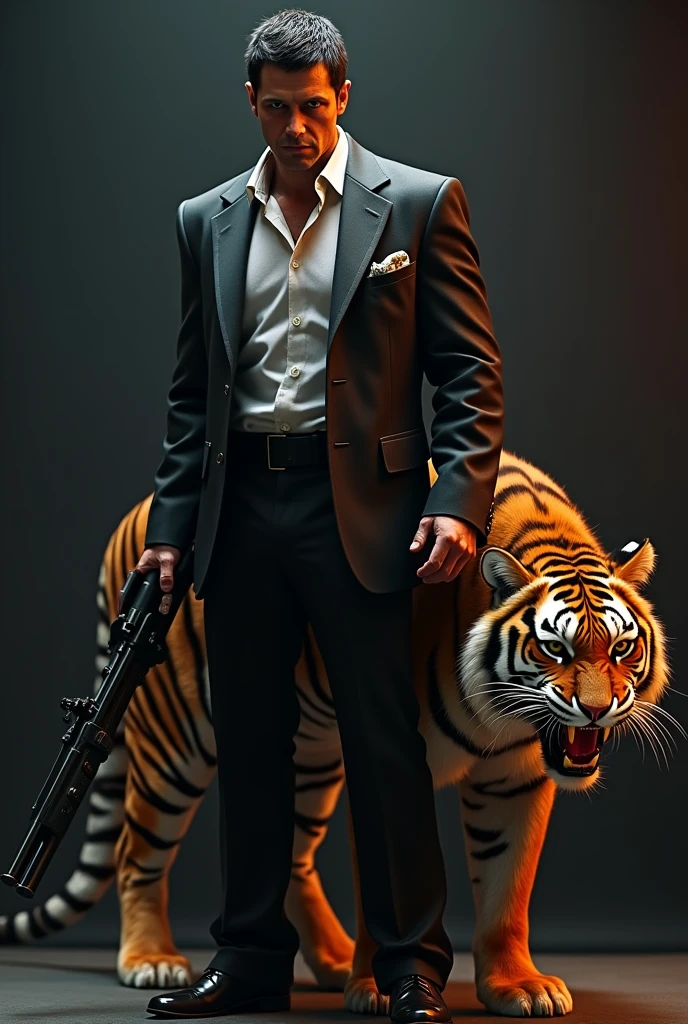 Tony Montana scarface with a violent tiger and guns
