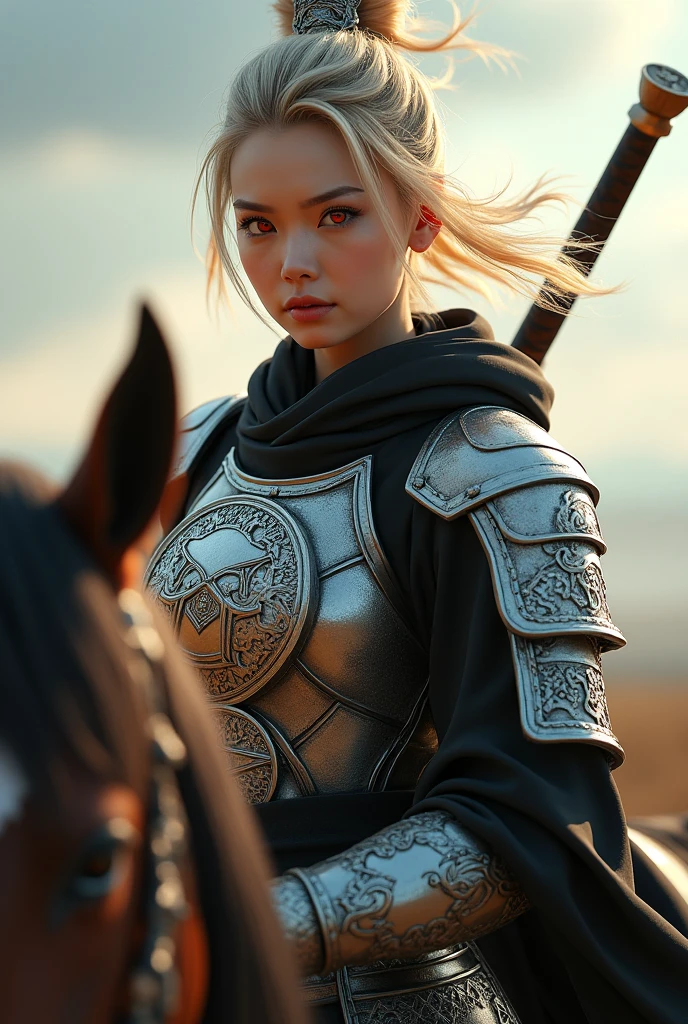 (masterpiece, best quality, beauty, best ratio, best shadoes) uhd,  china female kungfu, korean beauty like tae yon, her face and whole body visible, shining red eyes,, windblown blonde short 
hair, wear black silk hoody, silver general  full armor suit, left hand holding china big emperor sword with emperor emblem and shield, riding on the war horse, with war horse seen from far. Bright sky, side light, uhd. use the RenderMan renderer.digital art. High definition, high contrast, high color saturation,128k,cinematic lighting, intricate,cinematic lens, advertising photograph,ultra detail.dslr,Wallpaper size