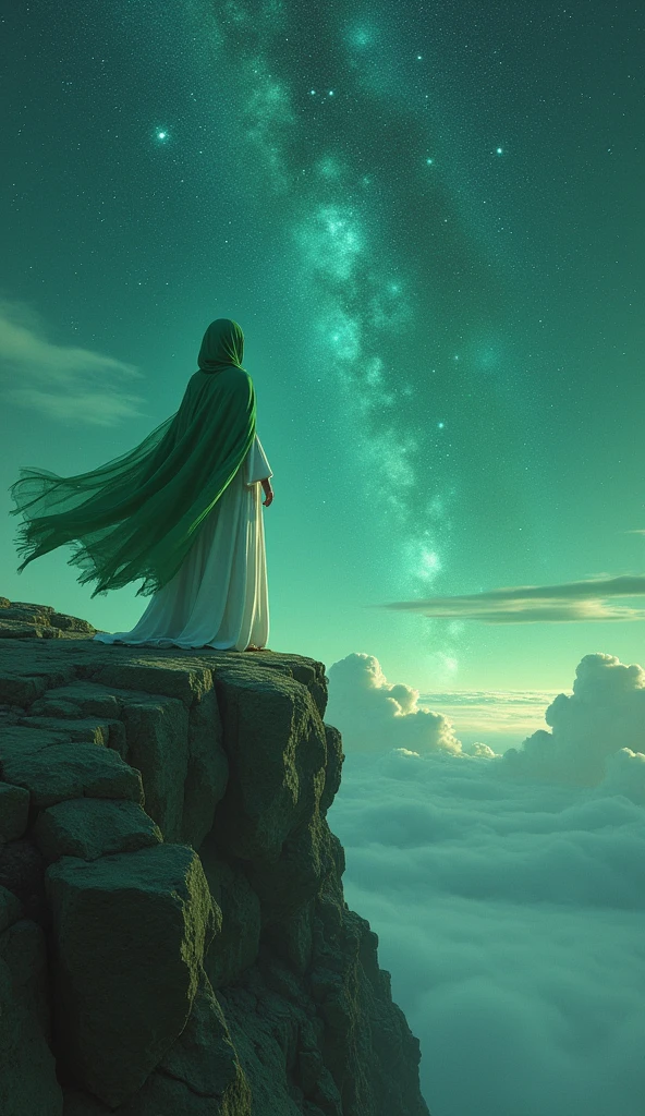 The image shows a person standing on a rocky cliff overlooking a vast landscape. The person is wearing a long white robe with a green cloak draped over their shoulders. The cloak is flowing in the wind, creating a sense of movement and energy. The sky is filled with stars and the horizon is visible in the distance. The overall mood of the image is mystical and awe-inspiring.