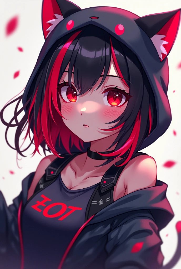 Gamer girl with red and black hair, that has a hat in the shape of a cat animation 