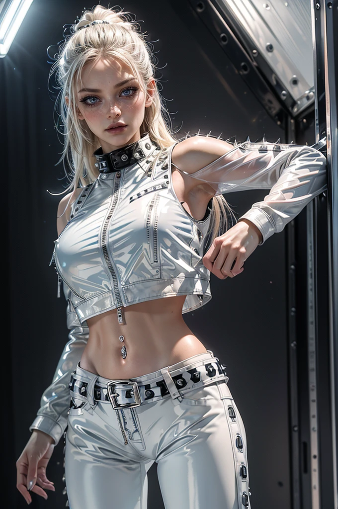 cowboy shot,a pretty 2 girl,blond hair,blue eyes,lora_Emma,slim athletic body,thin waist,punk,(shiny ultra glossy white latex crop top),(shiny ultra glossy white latex pants with multiple zippers),(((long navel piercing))),white studded collar,empty studio,((studded white belts)),((unzipped and open studded black latex jacket)),(best quality,4k,8k,highres,masterpiece:1.2),ultra-detailed,(realistic,photorealistic,photo-realistic:1.37),dramatic lighting,cinematic,fashion photography,studio lighting,high contrast,vivid colors,beautiful detailed eyes,beautiful detailed lips,extremely detailed eyes and face,long eyelashes, hair on one side, touching hair