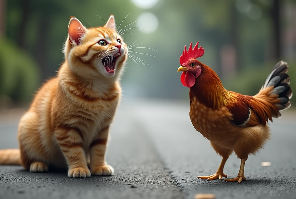 foto nyata kucing ekspresi kaget kepada seekor ayam tersenyum di jalan raya aspal. photo realistic