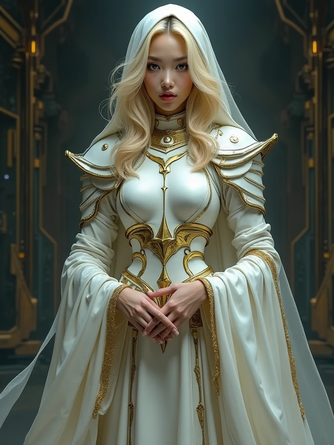 full body shot of one Beautiful asian woman. blond hair. black eyes. daring outfit. cyber space goth priestess. maidenly charm. silky white robes over Knightly armor. golden accessories. Dark sci-fi. Warhammer 40k. Dieselpunk. baroque oil painting.