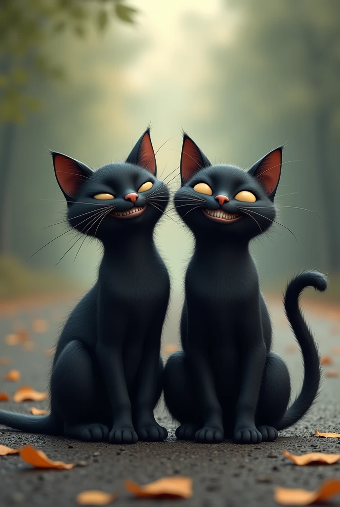 Two black cats laughing and standing on the road behind 