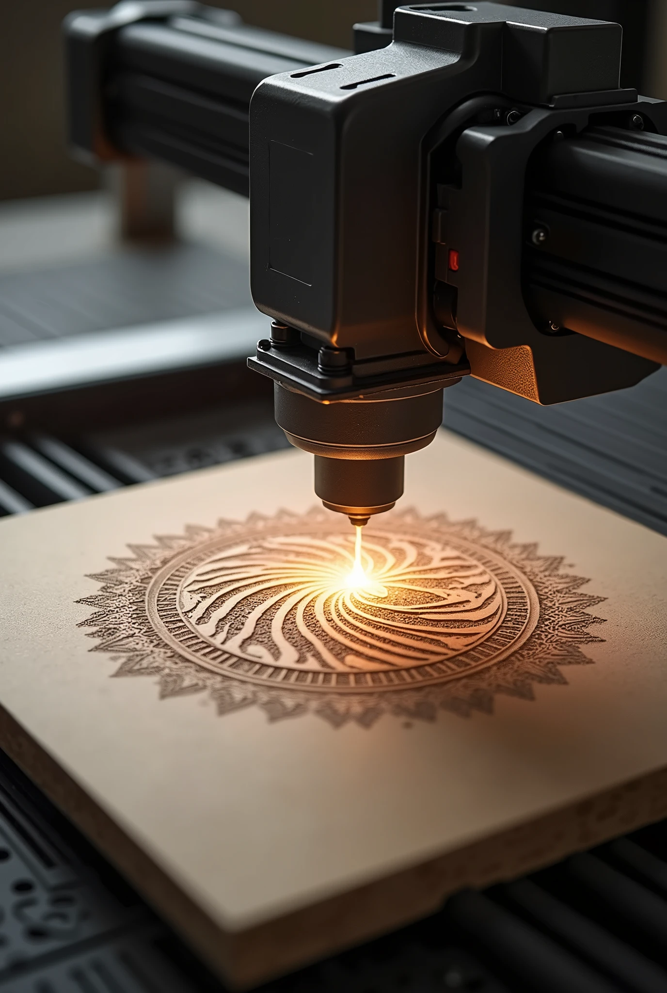 A DIODE LASER ENGRAVING MACHINE ENGRAVING A PIECE OF MDF