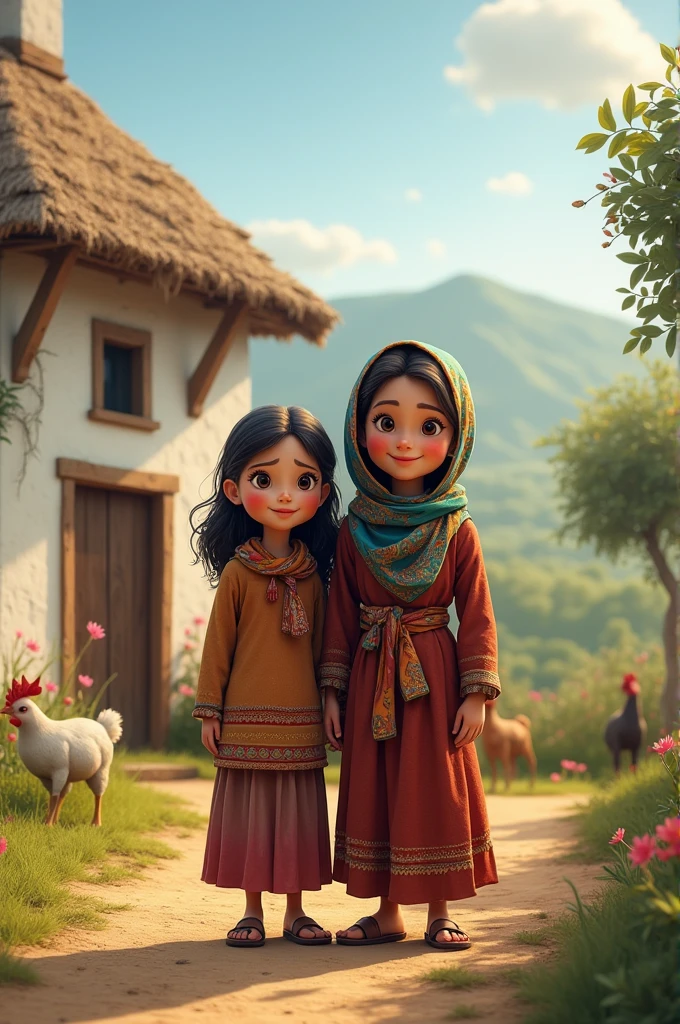 A ager and her mom (wearing scarf) in front of her village home