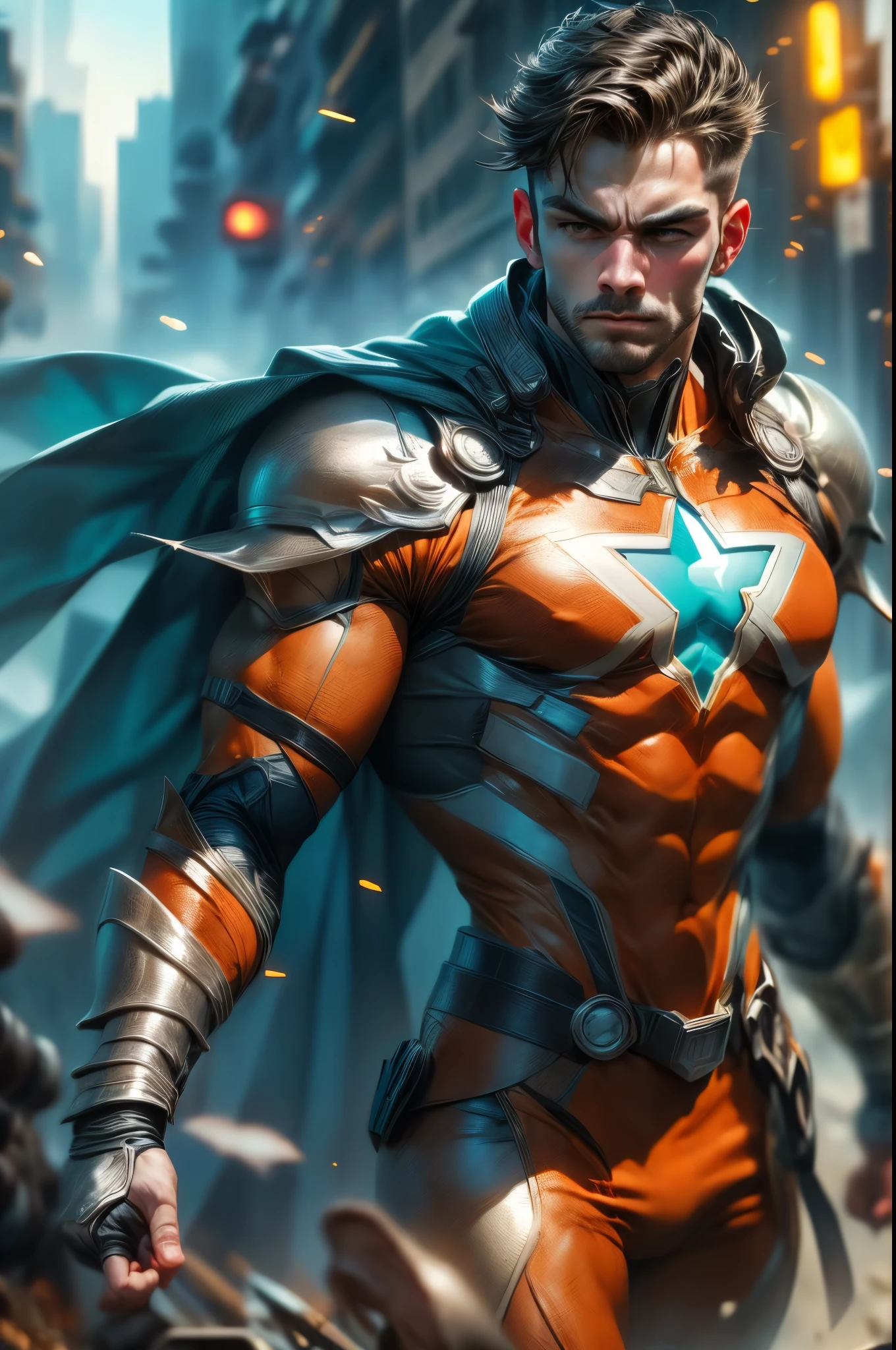 man, superhero, wonder character, detailed facial features, Hyper realistic, cinematic lighting, 8k, High resolution, photorealistic, dramatic pose, heroic expression, metal armor, Flowing layer, epic action scene, dynamic composition, vibrant colors, chiaroscuro lighting, volumetric fog, cinematic depth of field