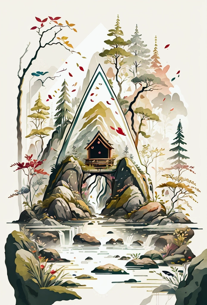 A nature scene, colorful petals and leaves all over the place, cross-stitch pattern, flat sticker design, minimalistic. logo style