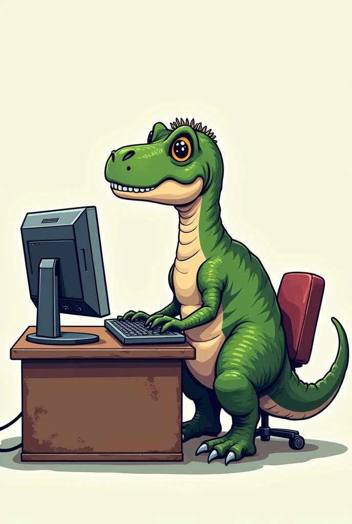 create a print with a transparent t-shirt background where you have the dinosaur from the black and white pixelated Trex game sitting and using a computer 