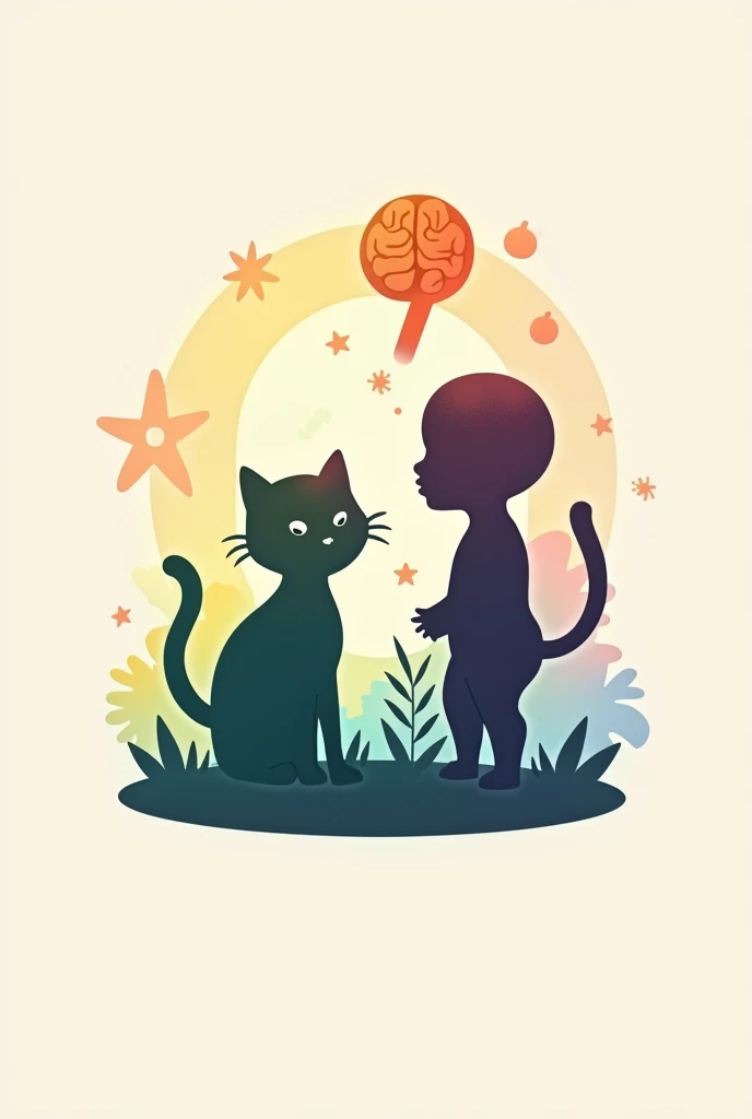 Create a logo that contains the silhouette of a cat, A brain, A baby, that has yellow colors, green, blue and violet in pastel tones
