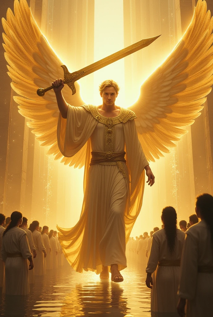 Giant male angel with golden robe and a giant golden raised sword in his hand and the angel raises the sword above his head the angel is standing next to a stone pool of water ,Behind the angel there is a crowd of people, men and women smiling, dressed in white, and in front of the angel there are demons that cannot pass. 