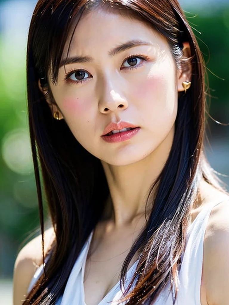 (RAW Photos, Highest quality), (Realistic, Actual Photos:1.3), Tabletop, Very delicate and beautiful, Soft Light, (Brown Hair, straight, Her shoulder-length hair flutters in the wind.), Beautiful with details, (Finger details), Highly detailed eyes and face, Beautiful nose detail., Beautiful and good eyes, 1 female, Japan, Pure beauty, cute, Embarrassed expression、 (Dress shirt), (Half Body:1.3), (Medium Bust), Realistic face, Realistic body,