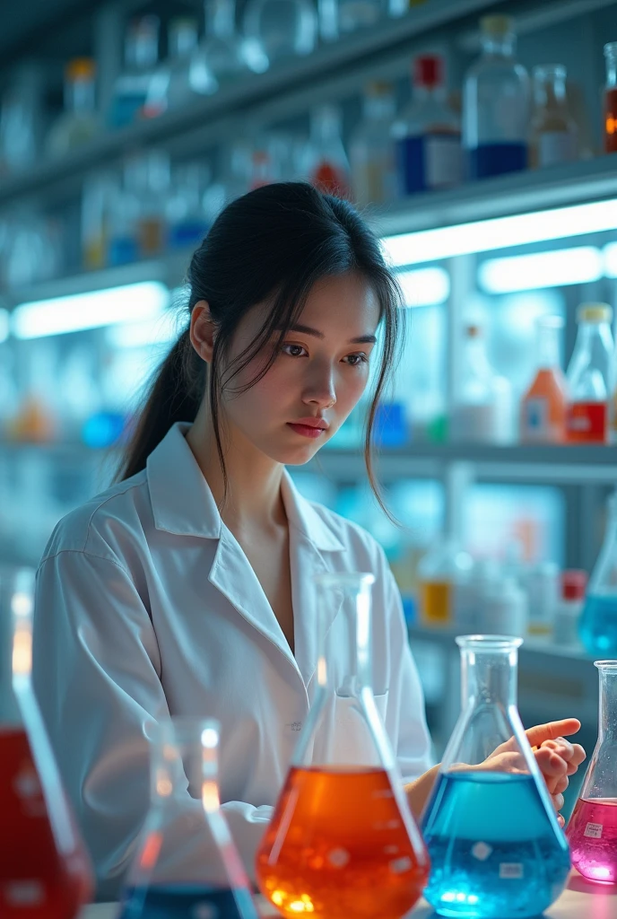 Create an image of a chemistry lab with flasks with solutions and a work table with a woman in a lab coat.