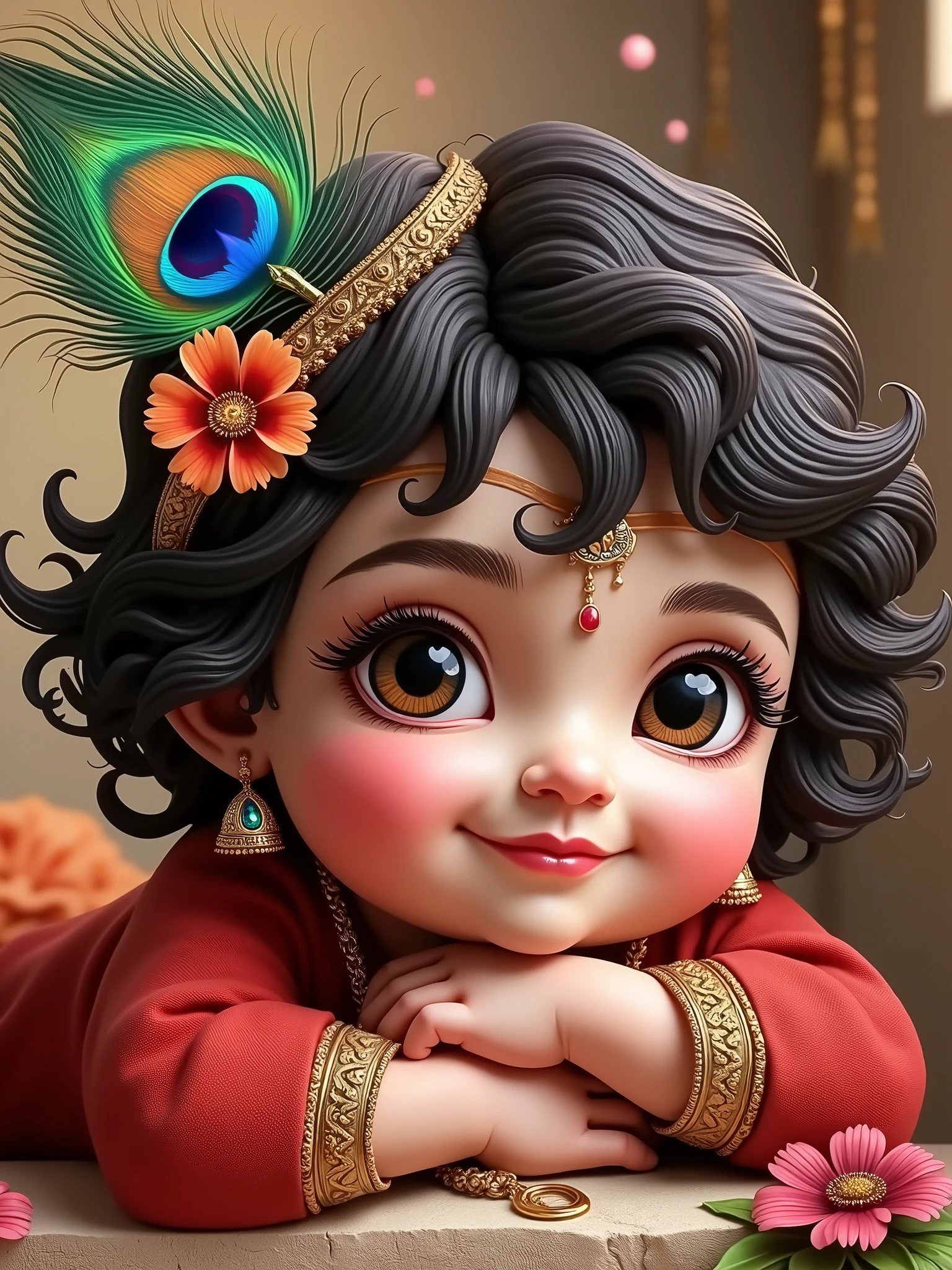 Generate images of cute Krishna as a child , feather of peacock tucked to the head