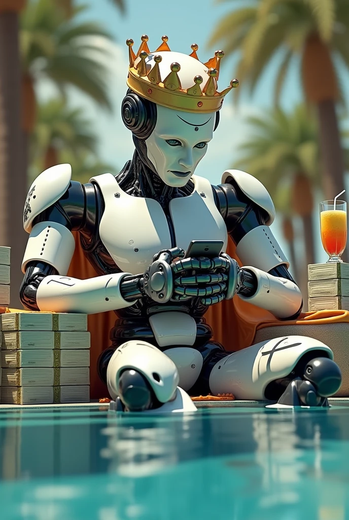 Image of an artificial intelligence robot on vacation in the pool, taking.a drink with lots of bills stacked around it, with a king&#39;s crown, intimidating look, and looking at his cell phone 