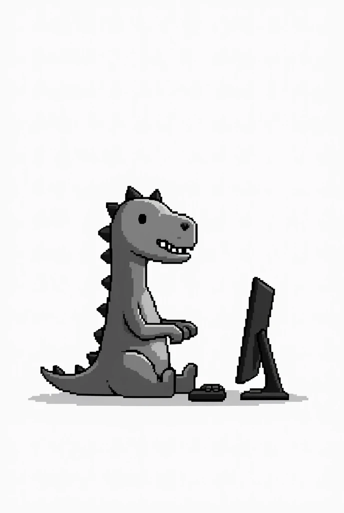 create a print with a transparent t-shirt background where you have the dinosaur from the chrome dino online game in black and white in pixel sitting and using a computer