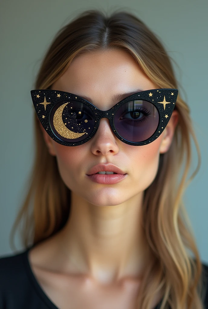 The model is wearing glass sunglasses with stars and the moon on the glass