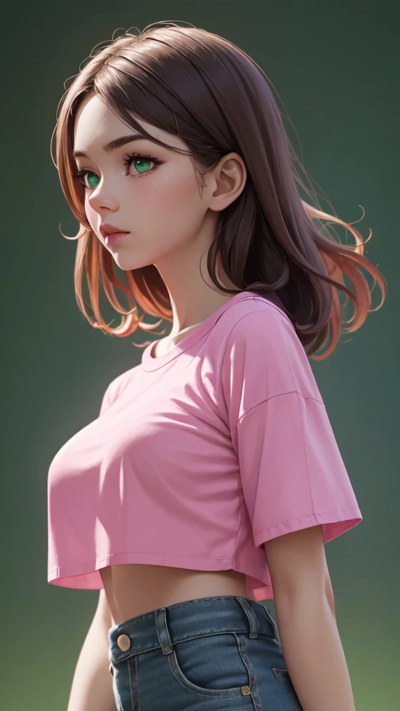 (ultra realistic,32K,raw photo:1.1),(very detailed skin:1.1), 8k hd, DSLR, high quality, film grain, (bright and shiny translucent clothing:1.1), 1 girl,Brown hair, by the wide, Horse tail (green eyes:0.9), Pink shirt, denim shorts, medium chest , (Upper part of the body:1.2),
 (busty:1.1) ,  (chubby:0.1),(volumetric lighting:1.2), dark theme blank background