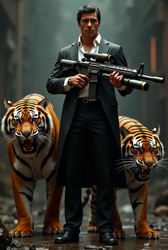 Tony Montana scarface with a violent tiger and machine gun with grenade launcher 