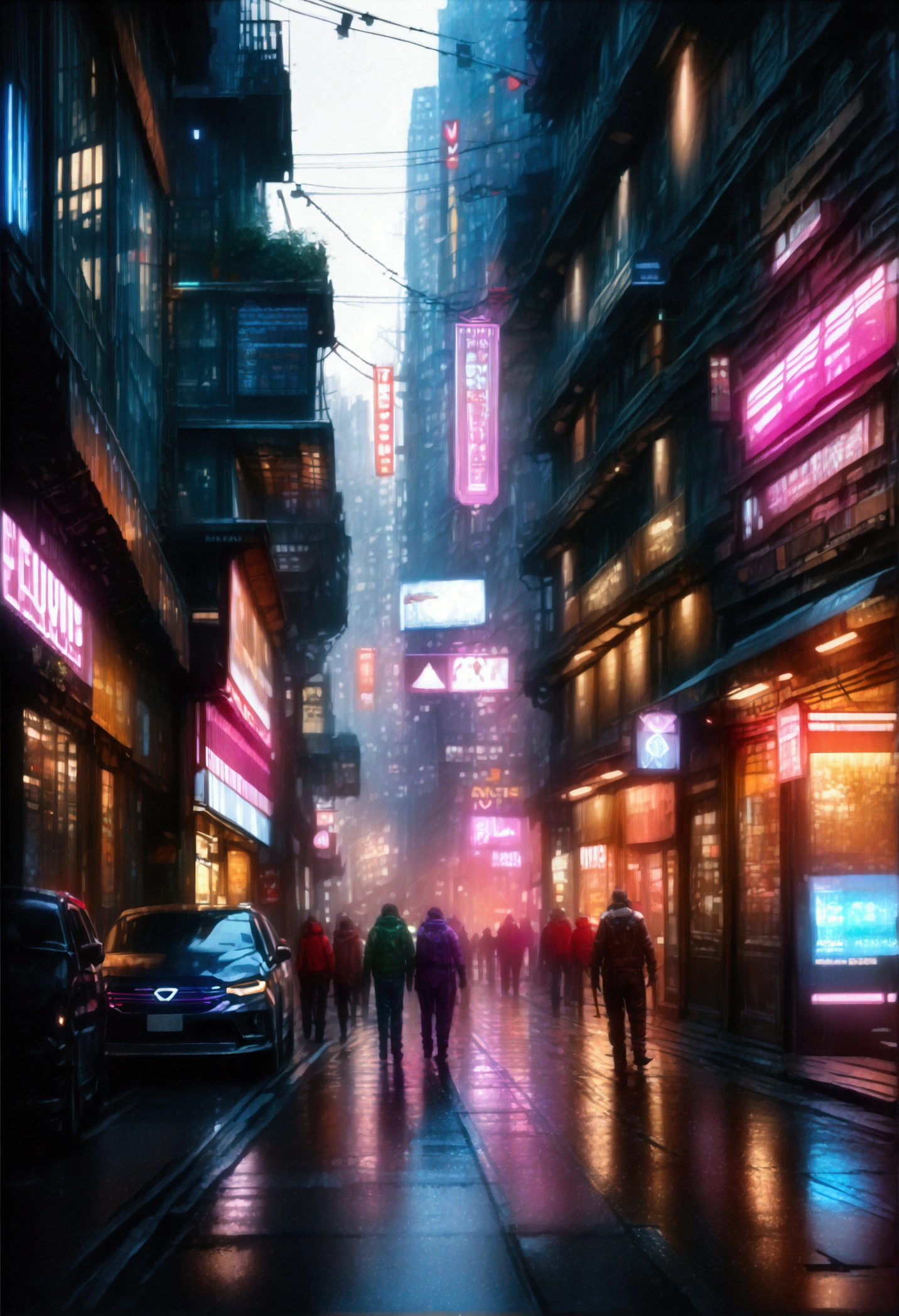 a futuristic cyberpunk city street, two people colliding, glowing wrist devices, magical aura, advanced technology, neon lights, dynamic composition, cinematic lighting, dramatic shadows, vibrant colors, hyper-detailed, (best quality,4k,8k,highres,masterpiece:1.2),ultra-detailed,(realistic,photorealistic,photo-realistic:1.37),cinematic composition,dramatic lighting,neon city,dynamic movement,glowing tech,advanced technology,vivid colors,dystopian future,science fiction,concept art