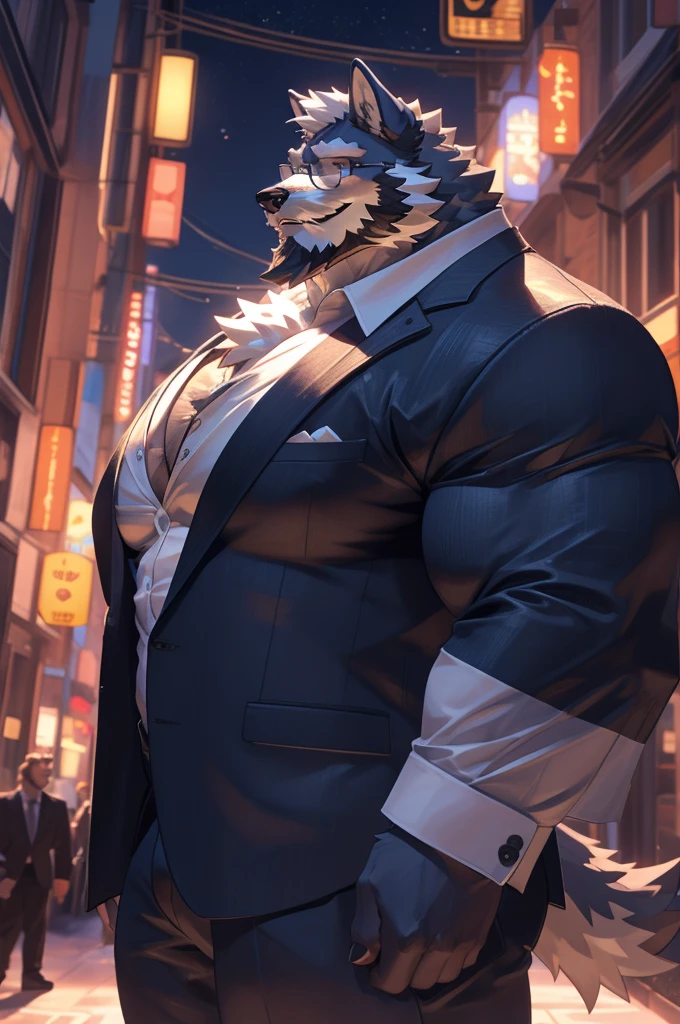 1boy, 1man, solo, (furry wolf), (face, detailed face, bearded, white beard, thick mustache), (glasses), night city, extremely huge muscular, massive muscular , sixpack , (suits), well-muscled old man. ((extremely muscle size, super thick arms, huge pec, hyper pec, bigger chest, extremely wide pectoral , huge arms)), wide smiling. Add textures and details to make the image more realistic, such as the appearance of the. Make sure the resulting image is high resolution, 8K quality