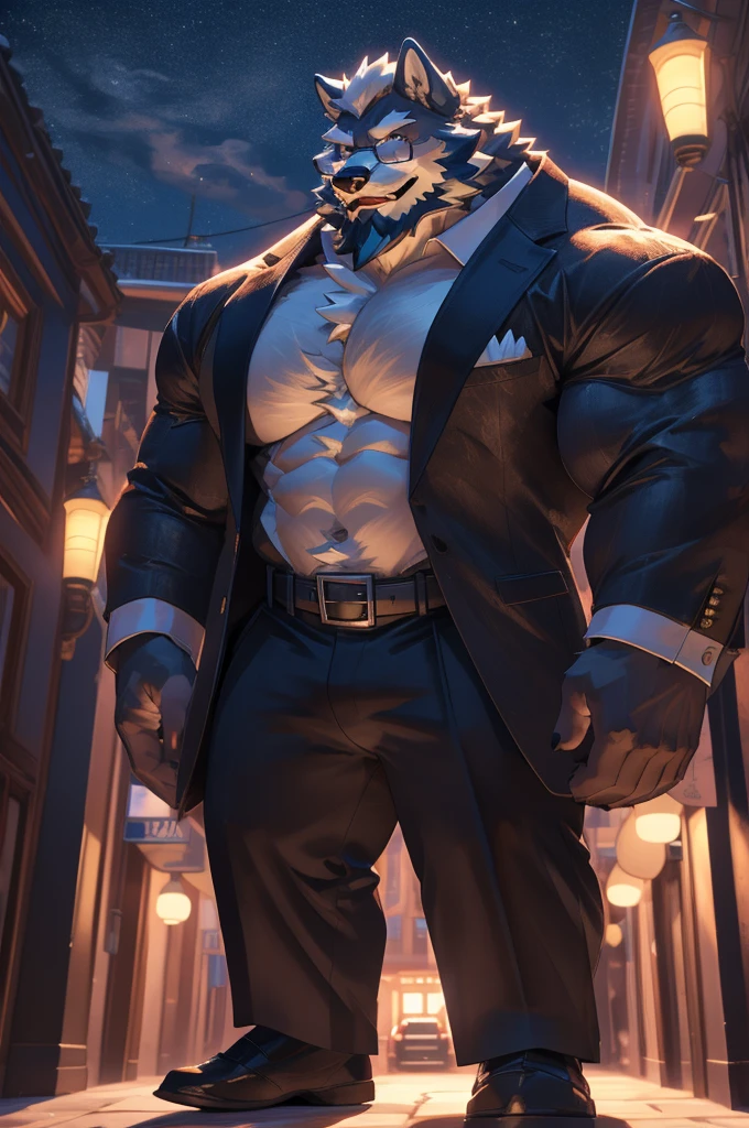 1boy, 1man, solo,  (furry wolf), (face, detailed face, bearded, white beard, thick mustache), (glasses), night city, extremely huge muscular, massive muscular , sixpack , (suits), well-muscled old man. ((extremely muscle size, super thick arms, huge pec, hyper pec, bigger chest, extremely wide pectoral , huge arms)), wide smiling. Add textures and details to make the image more realistic, such as the appearance of the. Make sure the resulting image is high resolution, 8K quality