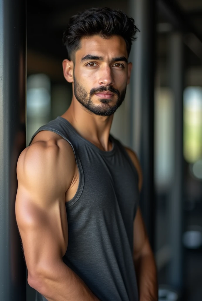 Handsome white Indian guy with dark short hair, a bit wider face, brown eyes, slightly shorter hair, and wider cheeks. He has a one-day beard and a line shaved into his right eyebrow. Wearing a fitted sleeveless gym shirt, he is captured inside a gym showcasing his 6-pack abs. In this pose, he stands casually with a relaxed stance, perhaps leaning against a gym equipment or resting between sets, looking directly at the camera with a subtle, natural expression. The photo highlights his Korean glass skin finish and toned physique, with a touch of serene confidence.