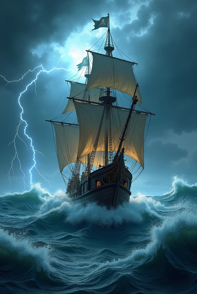 pirate ship thunderstorm big waves