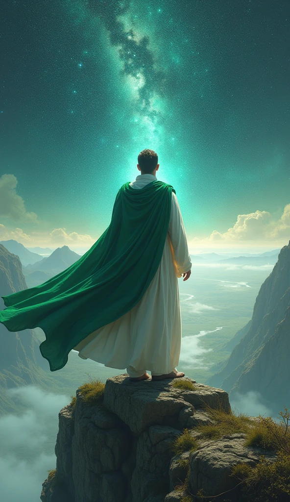 The image shows a man standing on a rocky cliff overlooking a vast landscape. The man is wearing a long white robe with a green cloak draped over their shoulders. The cloak is flowing in the wind, creating a sense of movement and energy. The sky is filled with stars and the horizon is visible in the distance. The overall mood of the image is mystical and awe-inspiring.