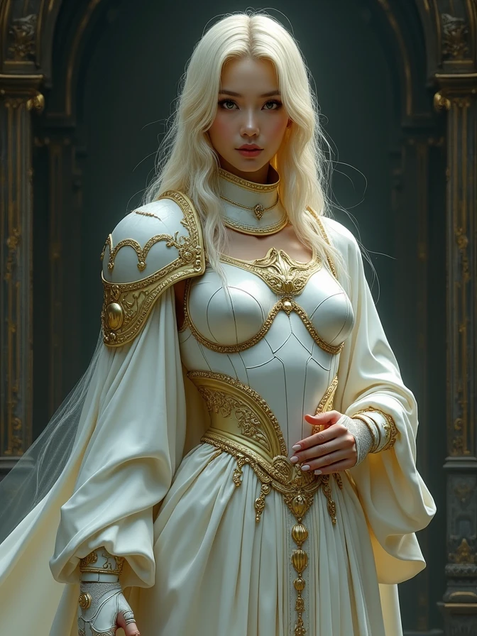 full body shot of one Beautiful asian woman. blond hair. black eyes. daring outfit. cyber space goth priestess. maidenly charm. silky white robes over Knightly armor. golden accessories. Dark sci-fi. Warhammer 40k. Dieselpunk. baroque oil painting.