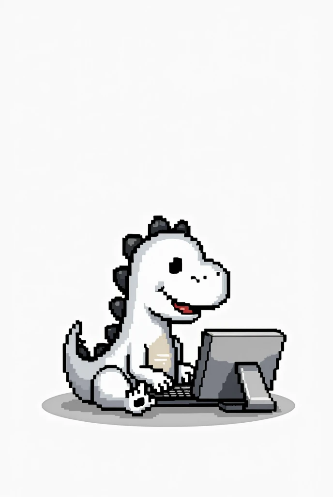 create a print with a transparent t-shirt background where you have the dinosaur from the chrome dino online game in black and white in pixel sitting and using a computer 